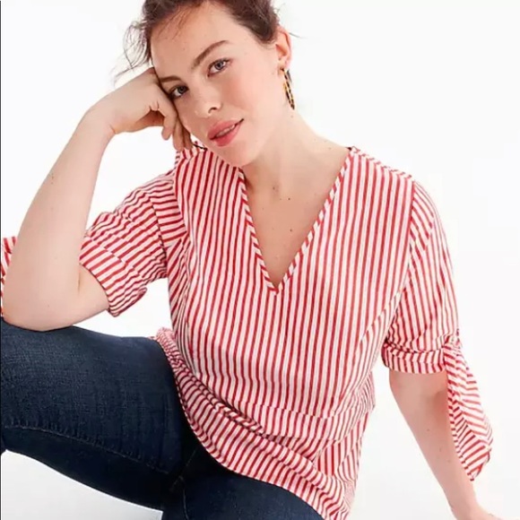 NWT J.Crew red white striped poplin tie-sleeve top - Picture 3 of 7